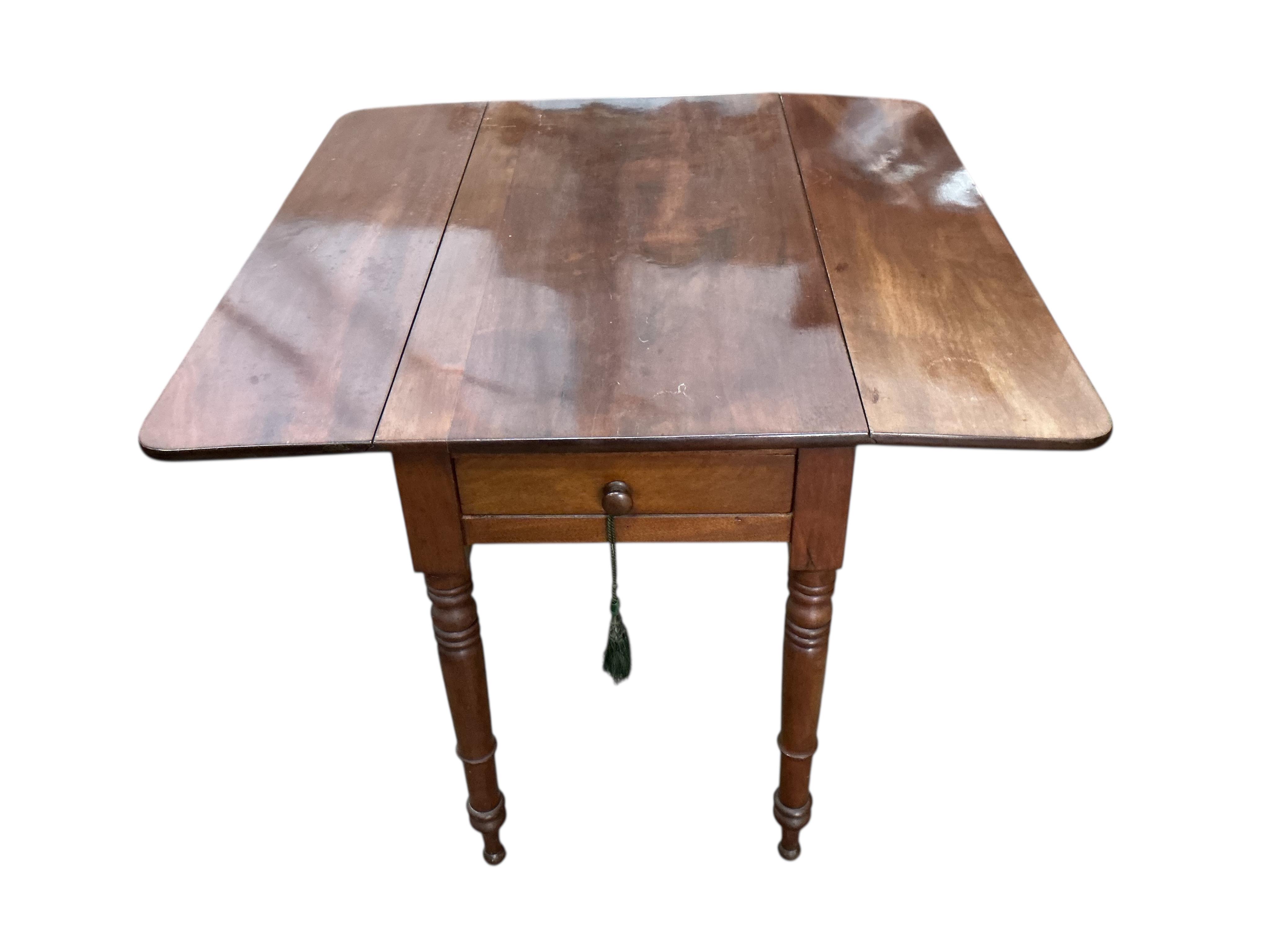 A George III mahogany drop leaf table and a Victorian mahogany Pembroke table, larger width 104cm, depth 50cm, height 73cm